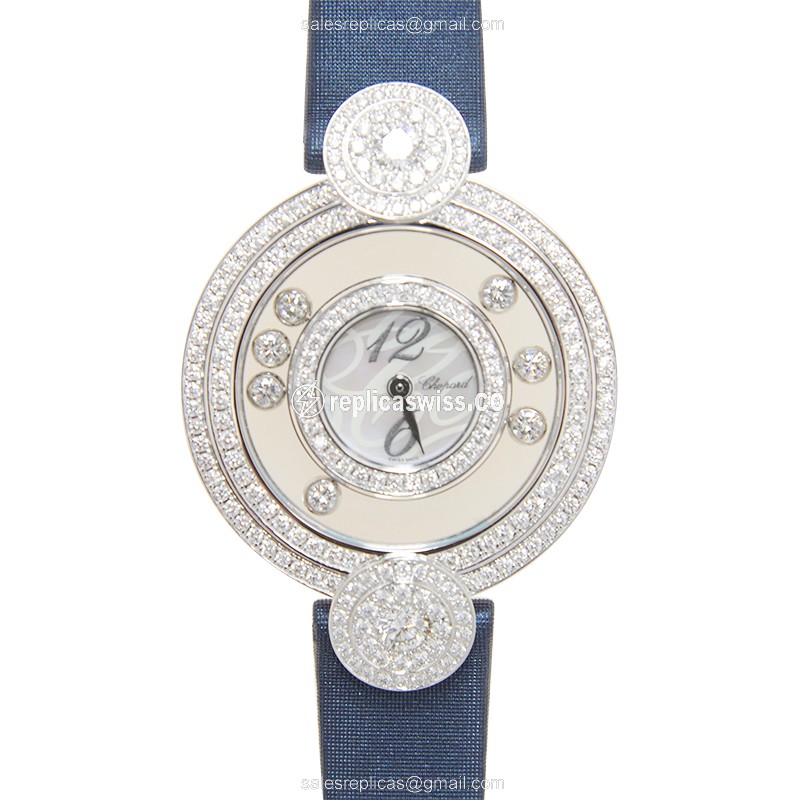 Chopard Happy Diamonds Quartz 18kt White Gold - Skull Dial - Blue Satin Strap - Buckle Clasp